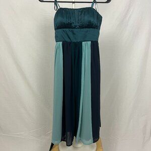 Max and Cleo Blue Tri-Color Chiffon Silky Satin Strapless Midi Dress Size 2